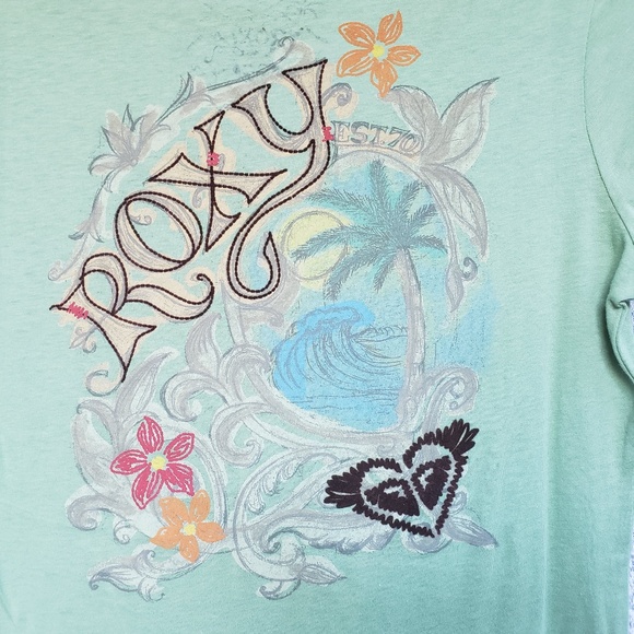 Roxy Green V Neck Tee Shirt Embroidered Large - Picture 6 of 6
